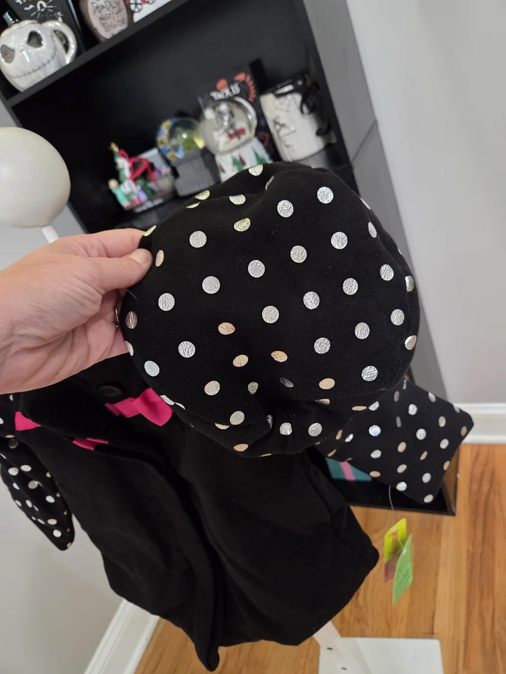 Penelope Mack Black Coat with White Polka Dots and Pink Bow Matching Hat